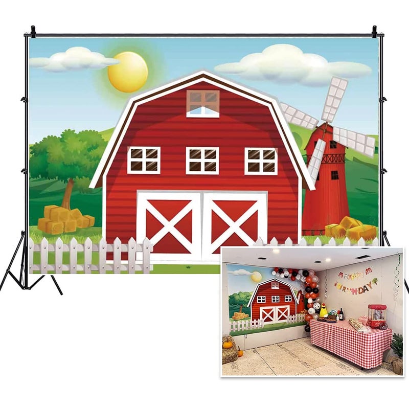 Haoyiyi 10x8ft Happy Birthday Background Cartoon Red Barn Farm Green Grass Trees Fence House Wildmill Backdrop Photography Photo 1st First Princess Favors Party Photo Booth Studio Prop - Image 1